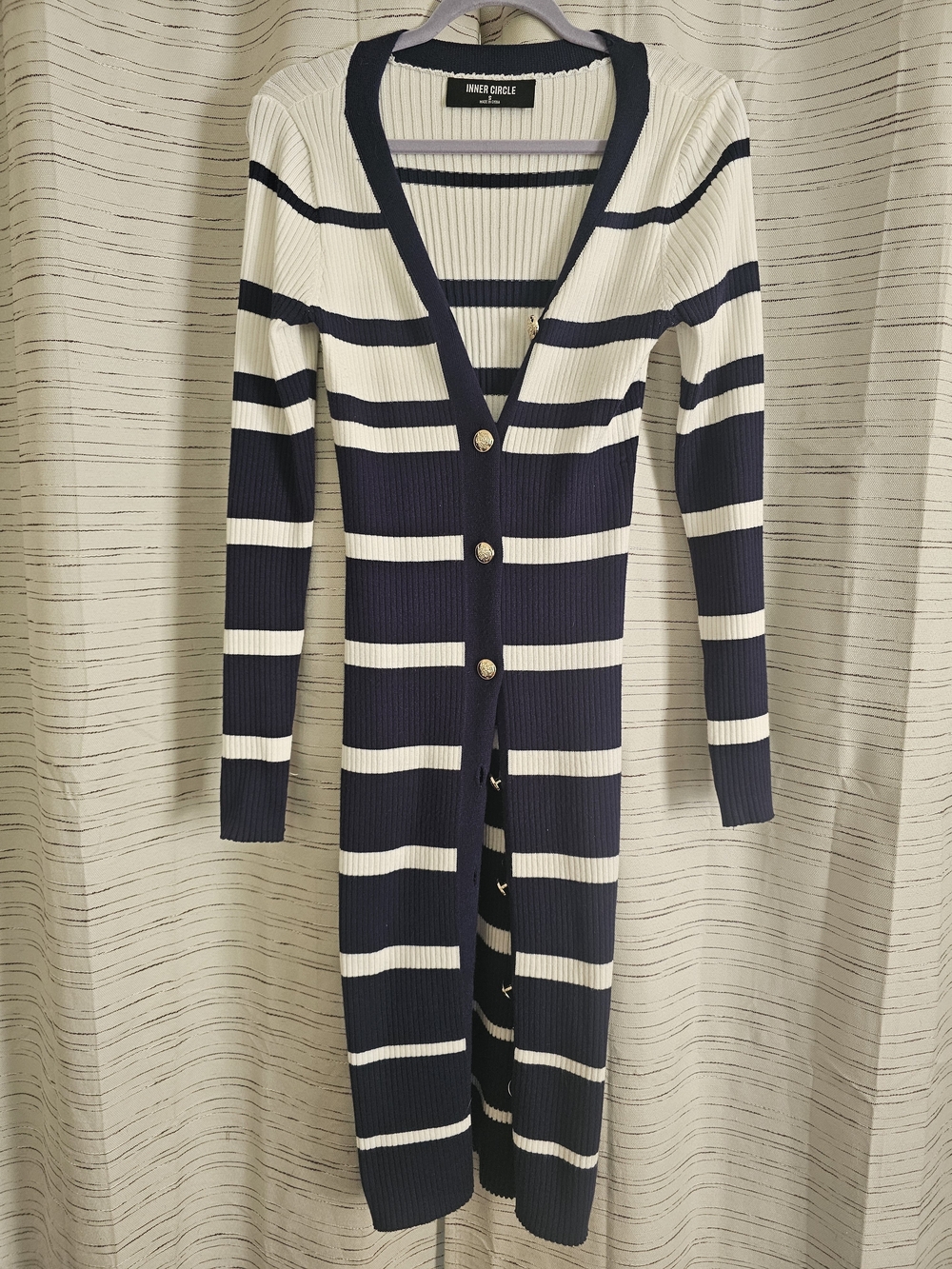Navy and White Striped Ribbed Button-Front Cardigan Dress